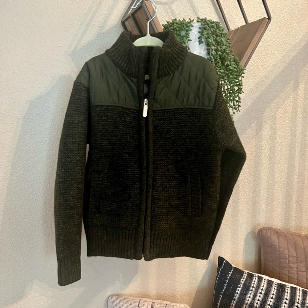 EUC Boys Olive Forest Green Lined Zip Up Sweater